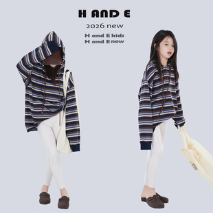 H AND E  原创童装黑白咖间条连帽加厚T恤亲子装母女韩系休闲卫衣