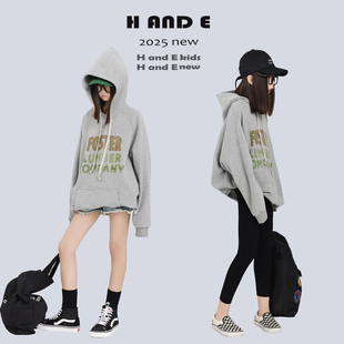 原创童装 2025秋季 花灰色美式 母女 印花连帽卫衣女童亲子装 AND