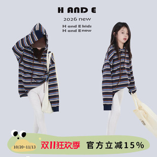 H AND E  原创童装黑白咖间条连帽加厚T恤亲子装母女韩系休闲卫衣