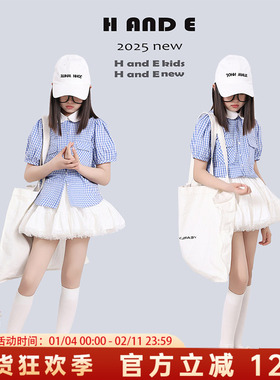 H AND E 原创童装2026夏季格子蓬蓬袖短袖衬衫清新甜美蓝色上衣女