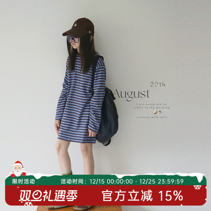 高弹春秋坑条长袖打底T恤原创