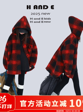 H AND E 原创童装26冬季加厚保暖红黑格子羊羔毛衬衫棉服女童亲子