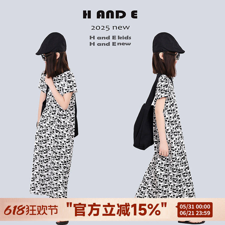 H AND E 原创童装2026夏季黑白米奇长裙短袖收腰显瘦休闲连体裙子