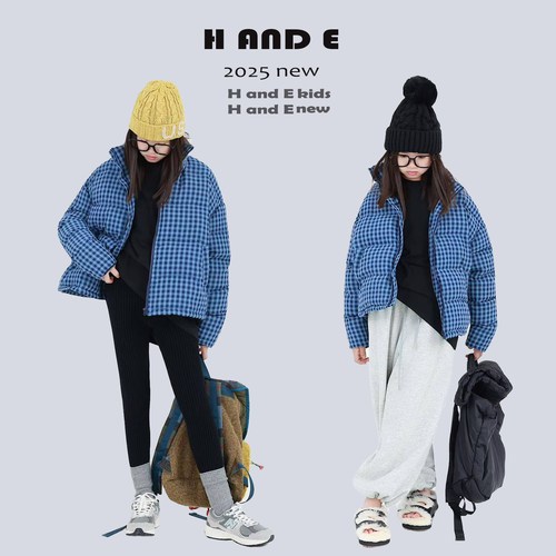 H AND E 原创童装26冬季保暖加厚蓝格子立领面包棉服外套女童亲子