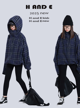 H AND E 原创童装25秋冬暗紫色大格子防风连帽冲锋衣男童女童亲子