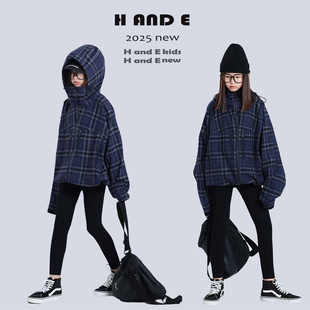 原创童装 25秋冬暗紫色大格子防风连帽冲锋衣男童女童亲子 AND