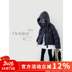 H AND E 原创童装女童黑色连帽短款羽绒服2026冬季新款保暖厚外套