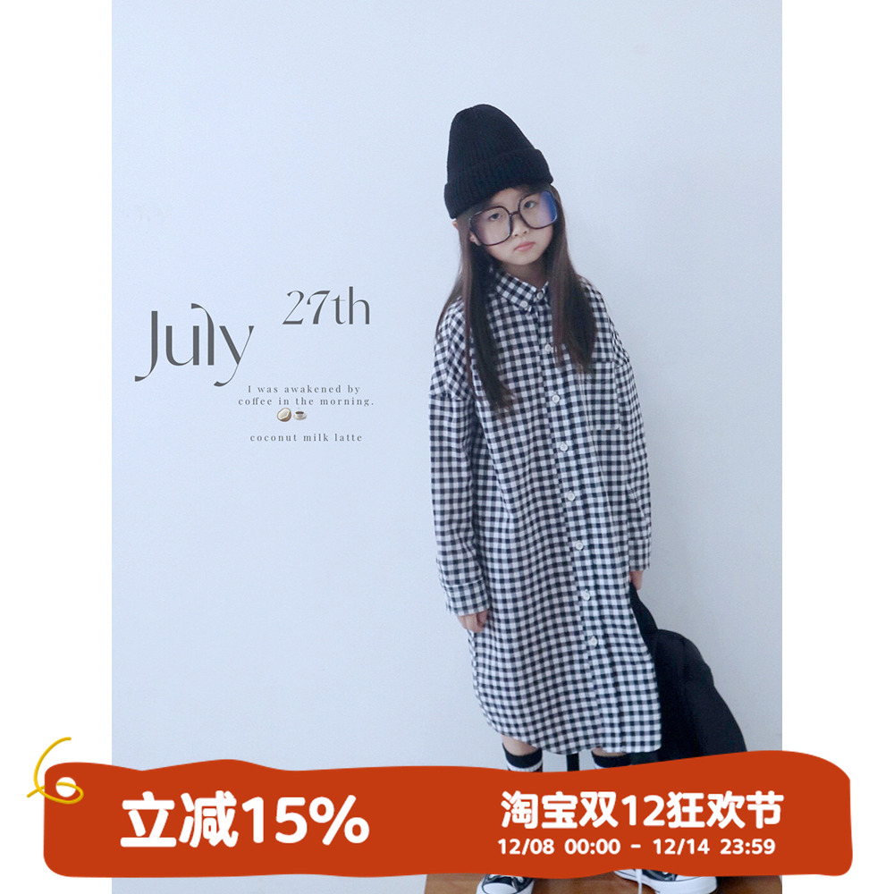 黑白格长衬衫女童早秋新千鸟格外套母经典格子长袖女孩上衣