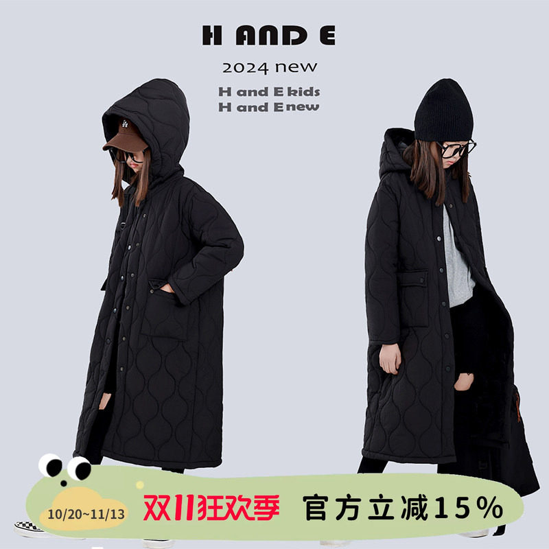H AND E 原创童装2026新款冬季暗黑系菱形格绗棉连帽长棉服女童装