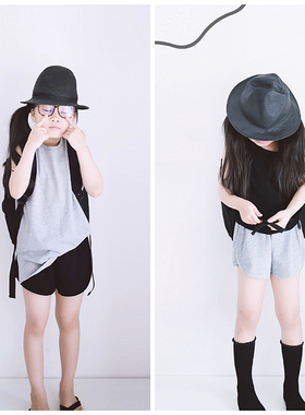 原创儿童纯棉短裤薄款休闲洋气松紧腰黑灰色裤子中大童