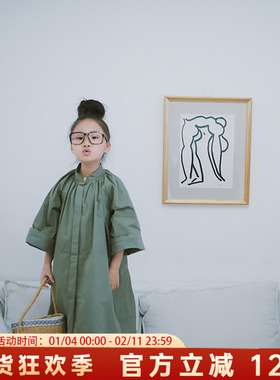 女童风衣森系中长款绿灰色纯棉日系儿童洋气外套秋季童装
