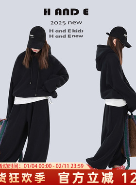 H AND E 原创童装26冬季加厚保暖黑色加厚摇粒绒套装女童亲子装