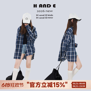 H AND E 原创童装2026春夏新款蓝格子OVERSIZE衬衫休闲宽松显瘦