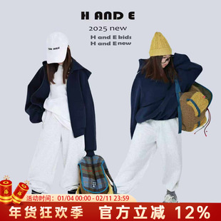 H AND E 原创童装26冬季保暖运动白灰色加绒束脚卫裤子男女童亲子