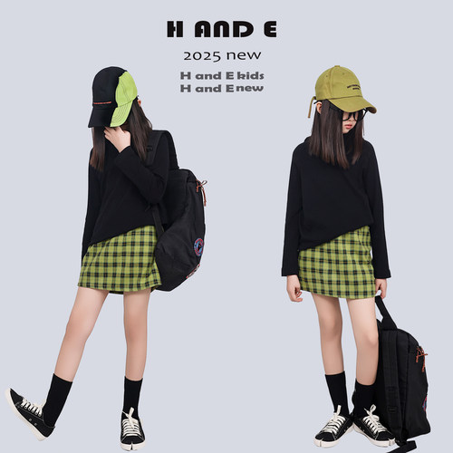 H AND E 原创童装2026春季新款女童装黄绿格短裙早春格子短裙