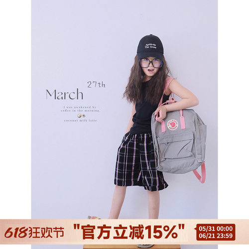 HANDE粉黑格子中裤休闲五分裤