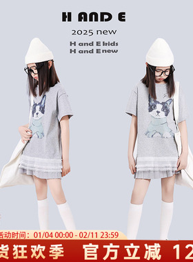 H AND E 原创童装2026夏季灰色猫咪蕾丝边T恤短袖针织百褶裙女童