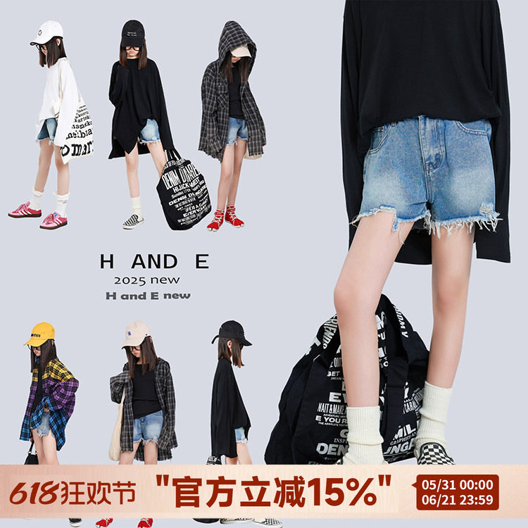 H AND E 原创童装2026夏季新款牛仔破洞短裤短裤夏女牛仔女童装