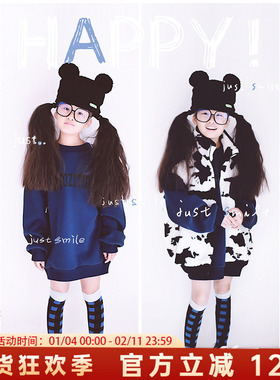 H AND E原创26冬季新品加绒套头洋气休闲藏蓝色纯色加厚字母卫衣