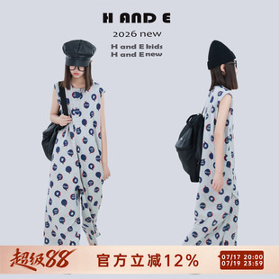 H AND E 原创童装2026夏季灰色印花连体裤阔腿宽松休闲母女亲子装