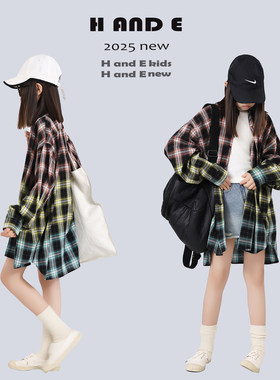 H AND E 原创童装2026春季甜酷风红黄蓝渐变格子衬衫外套女童亲子