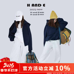 H AND E 原创童装26冬季保暖运动白灰色加绒束脚卫裤子男女童亲子