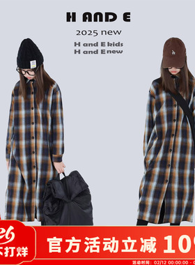 H AND E 原创童装25冬季保暖紫色卡其格子加绒长衬衫外套女童亲子