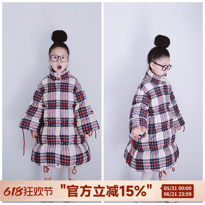 H AND E原创女童格子羽绒服内胆中长款儿童白鸭绒羽绒加厚外套