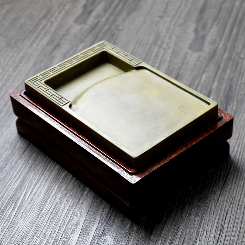 6寸绿端砚台方形研墨盒墨池带盖配木盒文房四宝小楷书法用品包邮