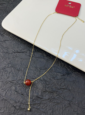 美薇天然红色玛瑙流苏有球必应锁骨链女过年喜庆项链毛衣链