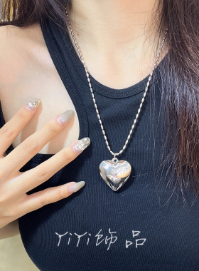 艺达新款向日葵欧尼同款银色大爱心项链女金属长款毛衣链配饰