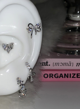 绝美蝴蝶结耳骨钉钛钢爱心耳蜗钉甜美少女满钻精致耳圈耳扣耳环女