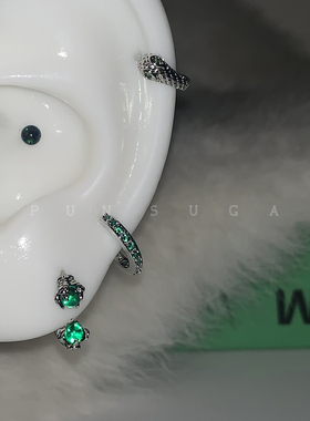 闪闪祖母绿龙爪耳圈马蹄环绿色澳宝耳骨钉暗黑辣妹小蛇耳环耳饰