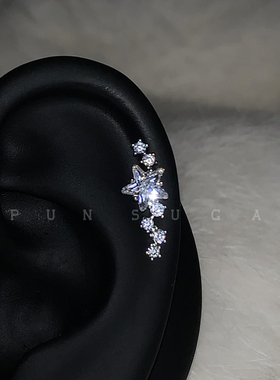 满钻超闪一束流星耳骨钉精致五角星钛钢平底螺丝耳蜗钉耳钉耳饰女