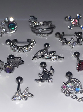 朋克风恶魔翅膀耳骨钉 哥特范紫色爱心十字架耳蜗钉钛钢耳钉耳饰