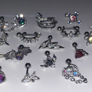 朋克风恶魔翅膀耳骨钉 哥特范紫色爱心十字架耳蜗钉钛钢耳钉耳饰