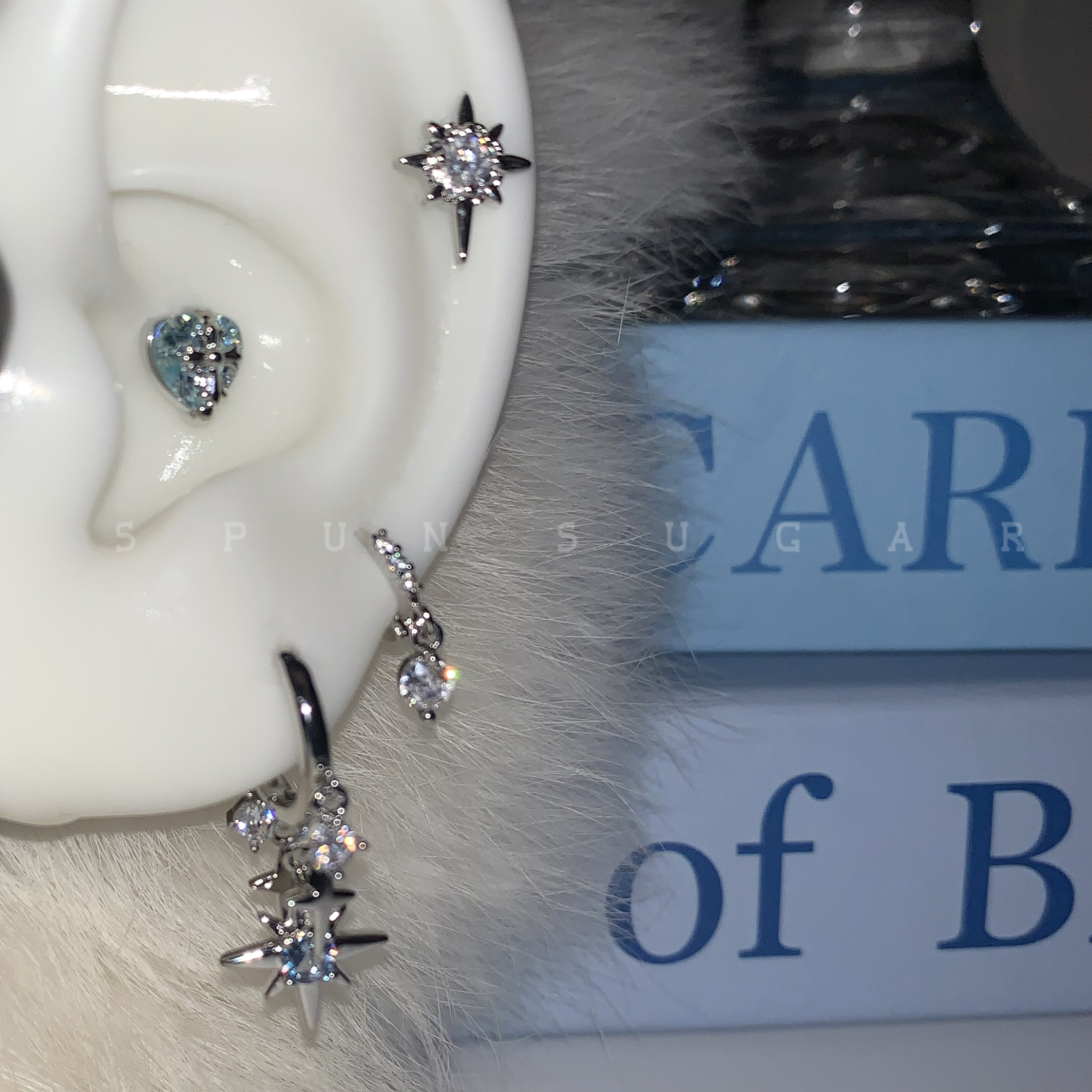 蓝色八星芒流苏耳环耳圈耳扣少女爱心十字架耳骨钉钛钢耳蜗钉耳饰