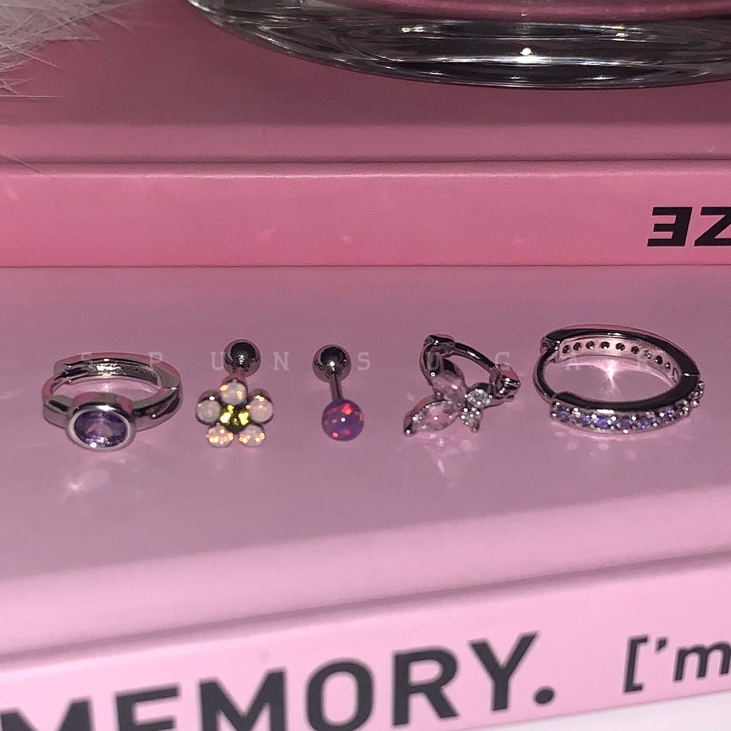 紫色锆石耳圈耳环粉色小花耳骨钉