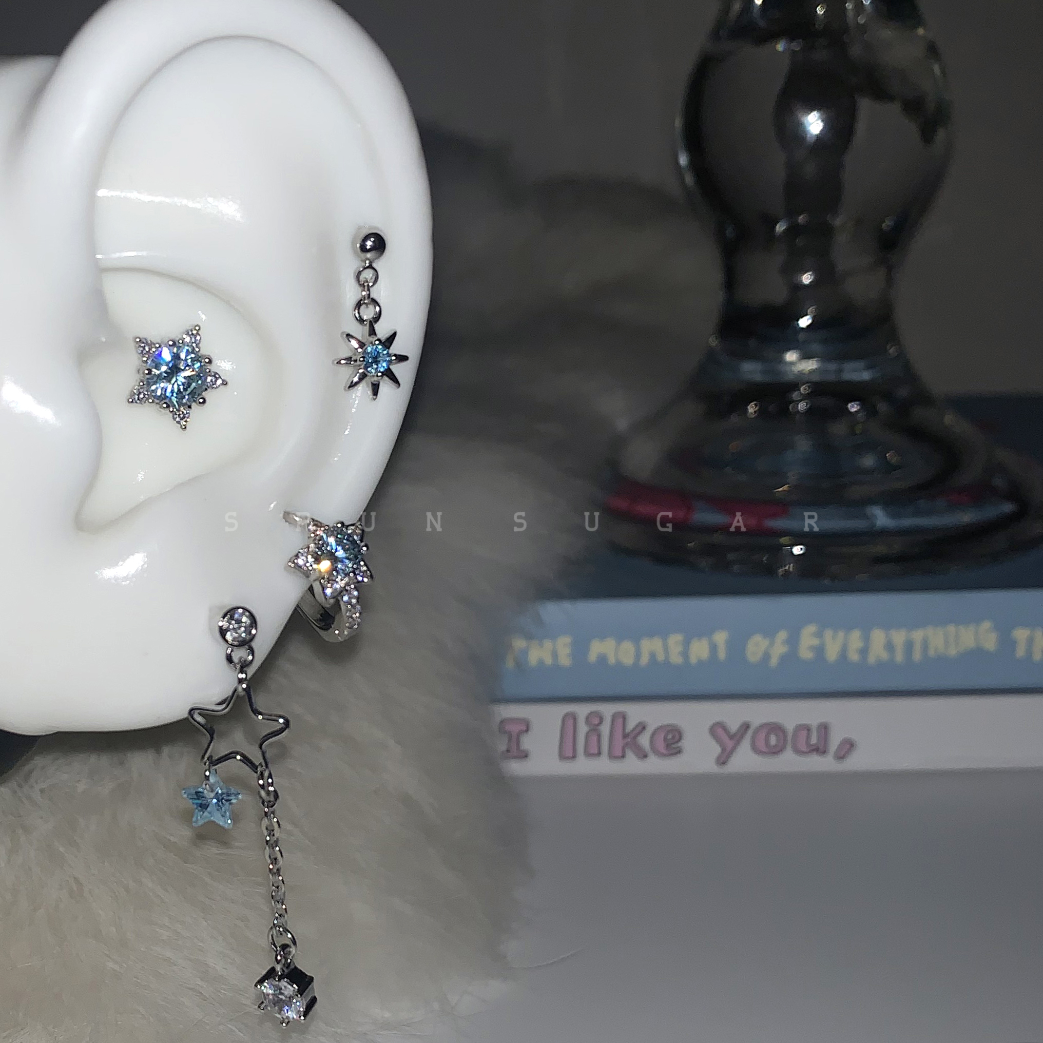 蓝色星星风铃流苏耳骨钉