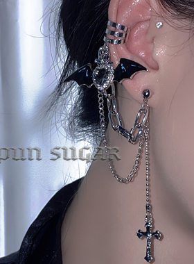 黑色恶魔十字架链条耳环甜酷辣妹亚文化暗黑哥特流苏耳骨夹耳钉女