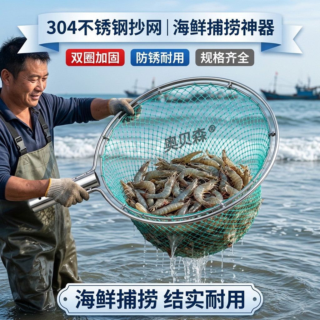 渔网海鲜捕捞专用304不锈钢抄网头捞鱼网密网户外水族鱼缸鱼捞鱼