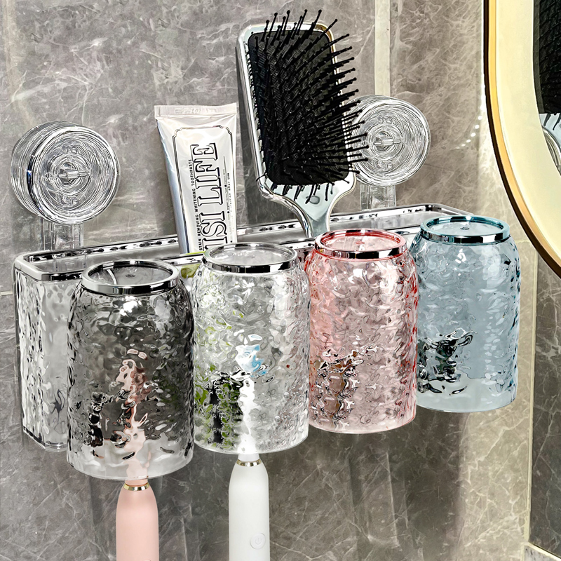 吸盘牙刷漱口杯置物架轻奢免打孔壁挂化妆室牙膏刷牙杯梳子收纳层