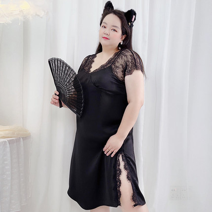 大码性感睡衣女黑色蕾丝美背吊带睡裙带胸垫胖妹妹醋酸两件套睡袍