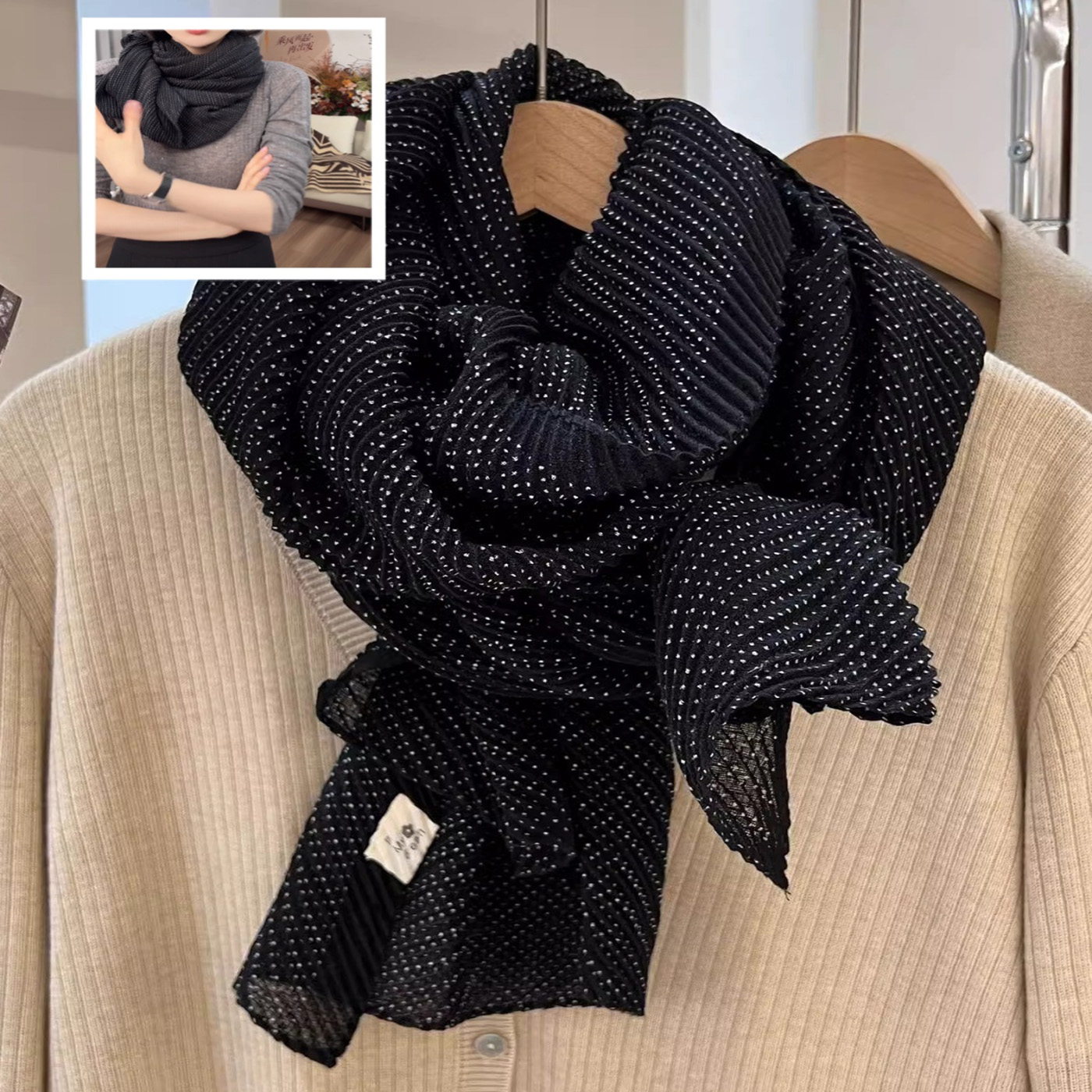 春季新款韩系文艺棉麻压皱围巾女春秋季ins几何双面长款丝巾围脖