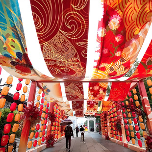 国潮风纱幔装饰防水布料婚庆背景吊顶红色古风婚礼屋顶红布幔飘纱