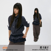 Clamisgold 三件套 领带格子长袖 岚室 衬衫 假两件花边裙摆上衣