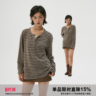 Clamisgold T恤罩衫 摩卡棕 内搭长袖 女 条纹假两件打底衫 岚室