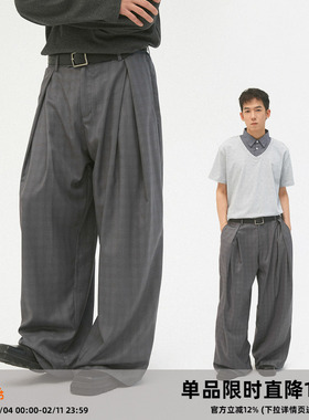 CLAMISGOLD（CASD）莫奈灰*A字褶皱暗格纹阔腿垂感西裤通勤长裤子