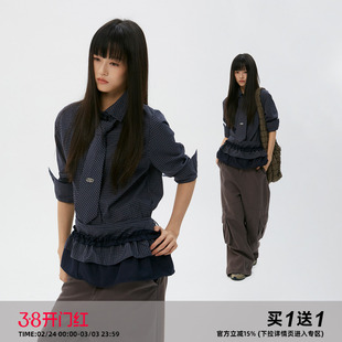 岚室（Clamisgold）*三件套*领带格子长袖衬衫假两件花边裙摆上衣