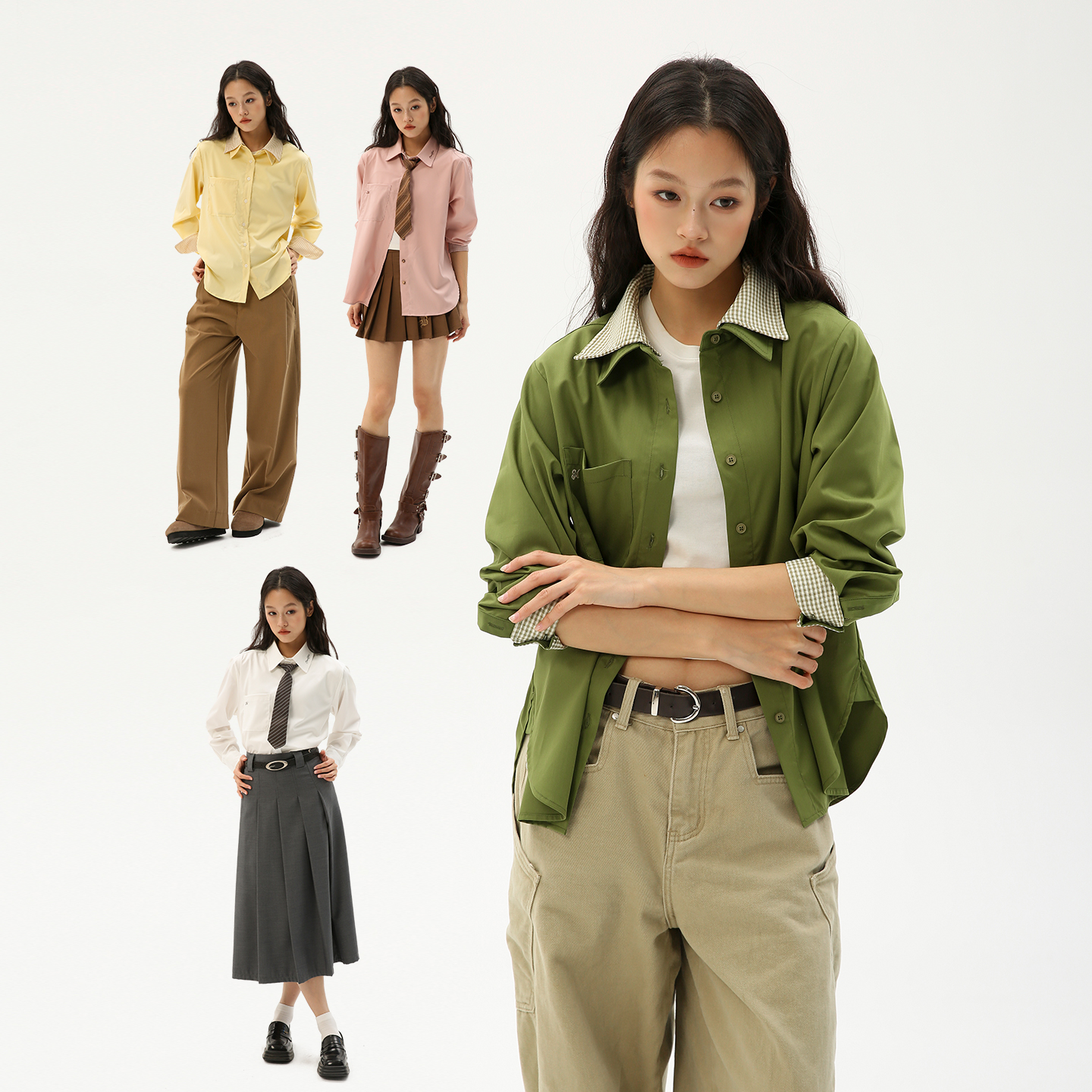 可拆卸领假两件抗皱正肩长袖T恤